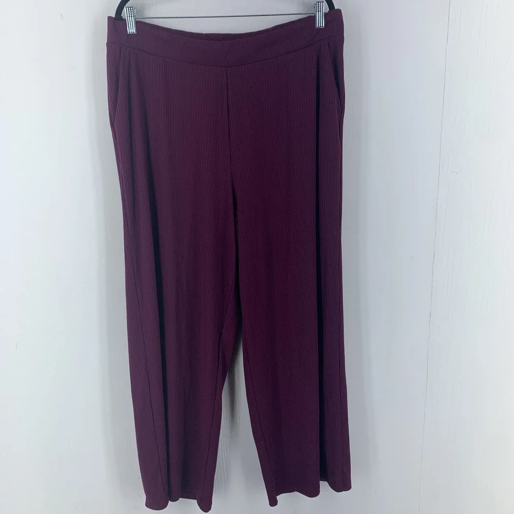 Flowy Dark Boho Womens XL Ribbed Knit Wide Leg Pants High Rise Pull On Stretch